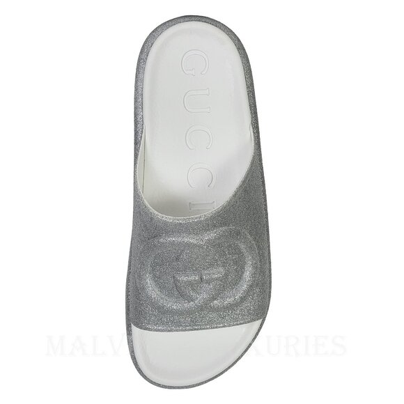 GUCCI SHOES MIAMI GG LOGO EMBOSSED GLITTERED RUBBER PLATFORM SLIDE sz 40 10 - Picture 11 of 15